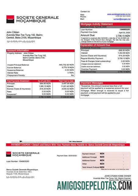 realista Mozambique Banco Societé Generale Moçambique Mortgage Statement Word And PDF Template